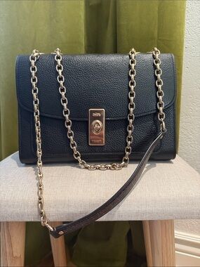 Coach Lane Black Pebbled Leather Shoulder Bag with Gold Turnlock